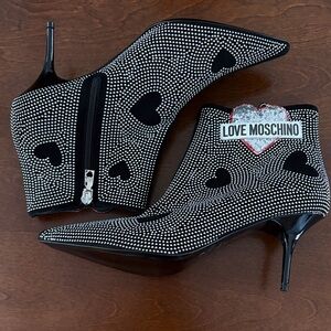 NWOT Love Moschino Black and Silver Heart Studded Heeled Boots